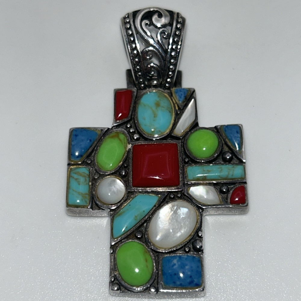 Vintage .925 Sterling Silver Cross, Handmade Multi Gemstone‎ Cross - Picture 2 of 3